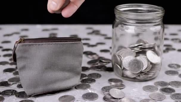 Frau Steckt Ein Paar Cent Eine Graue Geldbörse Mit Kleingeld — Stockvideo