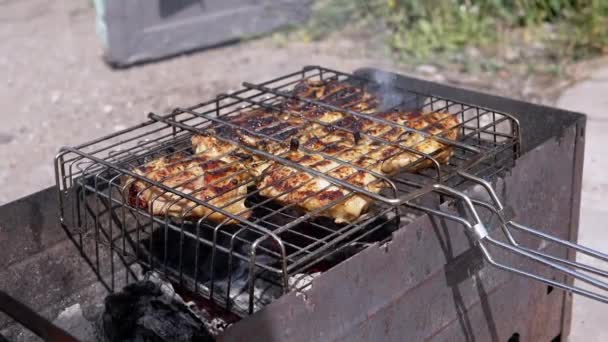 Bereiding Van Sappig Vlees Een Grill Barbecue Een Achtertuin Rays — Stockvideo
