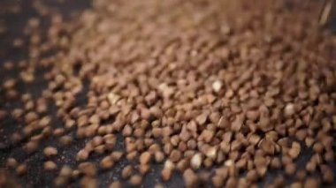 Karabuğday Taneleri Yavaş Çekimde Kara Arkaplanda Düşüyor. Kapatın. Çiğ kahverengi granüller ve karabuğday parçacıkları karabuğday yığınının içine dökülür. Düşen karabuğday taneli bir yüzeyi doldurur. Doku.
