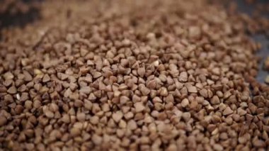 Grains of Buckwheat Fall on a Black Background in Slow Motion. Close up. Raw brown granules and buckwheat particles pour into a pile of buckwheat. Falling buckwheat fills a grainy surface. Texture.