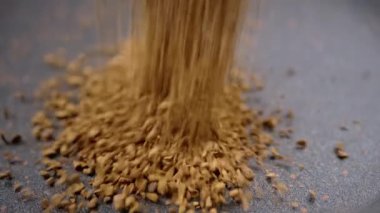 Instant Coffee Granules Fall and Scatter into a Heap on a Black Background. Slow motion. Close up. A stream of brown powder, gold particles, soluble coffee granules flies into a pile. Texture, light.