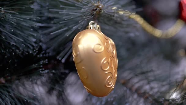 在圣诞树上挂着一颗心形的小圣诞树玩具 靠近点爱情的象征 金银财宝 孤立无援圣诞装饰 装饰品 积极的情绪 — 图库视频影像
