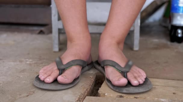 Poor Child Moving Dirty Bare Feet Wiggling Fingers Doing Relaxation — Video