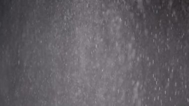 Falling Mixed Particles, Snowfall, Dust, Debris, Powder on Black Background. Dynamic stream particles of white snow, flying snowflakes, flakes rotate, swirl in cloud fog. Star rain, stardust. Space.