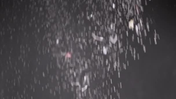 Ströme Herabfallender Konfetti Staubpartikel Und Schneefall Auf Schwarzem Hintergrund Verschwommener — Stockvideo
