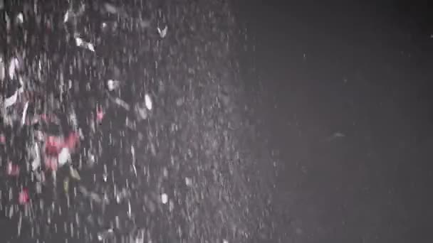 Strumień Spadających Konfetti Pyłu Śniegu Czarnym Tle Zamazane Abstrakcyjne Dynamiczne — Wideo stockowe