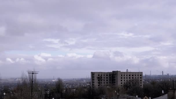 Moving Gray Cumulus Clouds Background Empty Abandoned Building Gloomy Panoramic — Stock Video