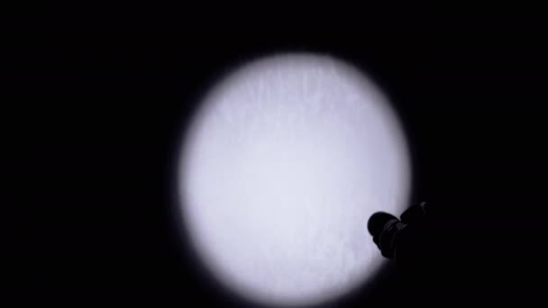 Человек Светит Мерцающим Фонариком Стене Темной Комнате Силуэт Руки Фонариком — стоковое видео