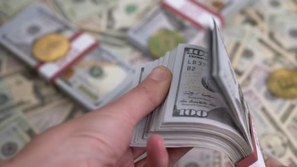 Male Hands Counting Stack 100 Dollar Bills Blurred Money Background — Stok Video