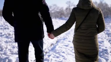 Sevgili Çift Kış Ormanı 'nda Düşen Kar Taneleri' nin Arkaplanında Yürüyor. Arkadan bak. Erkek ve dişi el ele tutuşur ve yağan karda yürümekten zevk alır. Birlikte. Arkadaşlık. Güzel kış manzarası.