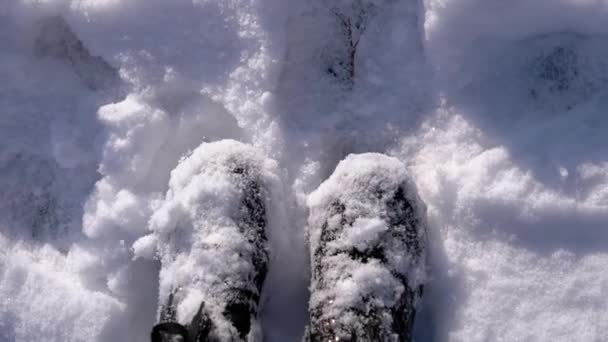 Top View Woman Shakes Snow Black Boots While Standing Snowdrift — Stock Video