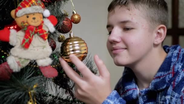 Smiling Boy Examina Los Juguetes Brillantes Lindos Del Árbol Navidad — Vídeos de Stock