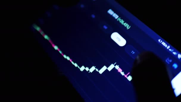 Férfi Megtekintése Cryptocurrency Chart Mobiltelefon App Night Dark Room Kereskedő — Stock videók