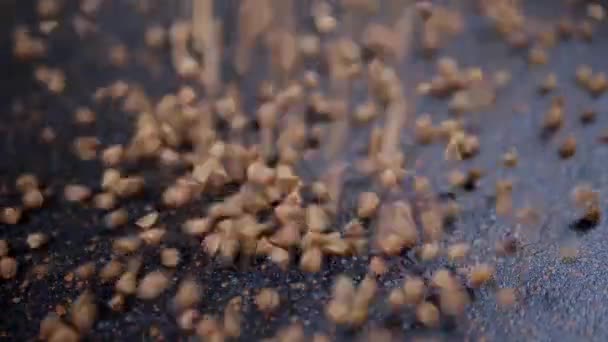 Зерна Гречихи Падают Черном Фоне Медленном Движении Закрывай Сырые Коричневые — стоковое видео