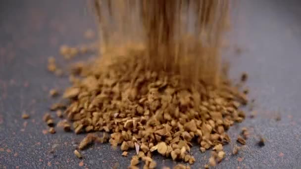 Instant Coffee Granules Fall Scatter Heap Black Background Slow Motion — Stockvideo