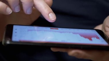 Mobil Telefondaki Dokunmatik ekranda şifreli para birimi grafiği. Business Woman akıllı telefon ekranına parmağıyla dokunuyor. Büyüme çizelgesi, kriptonun düşüşü. Dinamik. Mobil Uygulamada hisse senedi verileri.