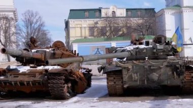 UKRAINE, KYIV, FEBRUARY 2022: Exhibition of Destroyed, Burnt, Rusty Russian Tanks on Sophia Square. Tank barrel. Fight for independence. Broken military vehicles of occupiers. Invasion of Ukraine.