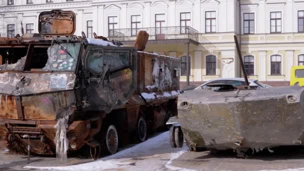 Ukraine Kyiv February 2022 Demonstration Destroyed Burnt Rusty Russian Military — Stock Video