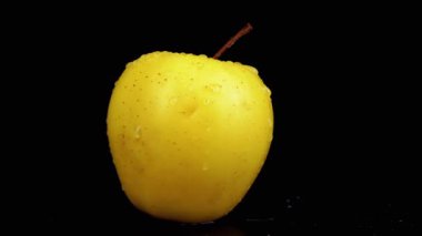 Organik Olgun Sarı Elma ve Peel Fonu Üzerinde Su Damlaları Kara Arkaplanda Dönüyor. Altın Elma. İzole edilmiş arka planda taze sulu elma. Vitaminler. Bir tane. Dış ışık. Çember döndürmesi.
