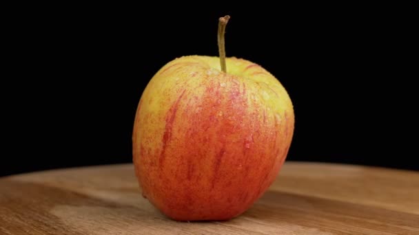 Jedno Organické Červené Jablko Kapkami Vody Slupce Otáčí Černém Pozadí — Stock video