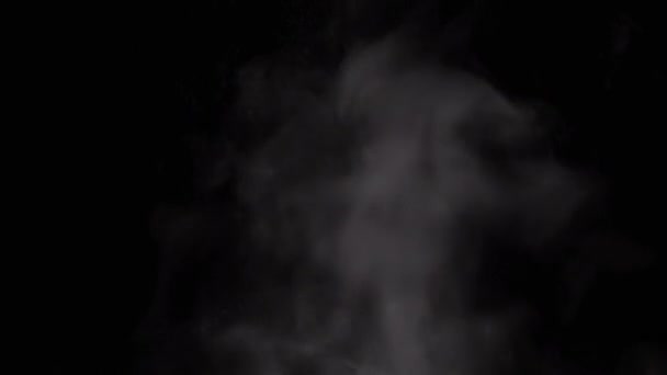 Explosie Van Gemengde Deeltjes Waterdamp Rook Geïsoleerd Zwarte Achtergrond Ijzige — Stockvideo