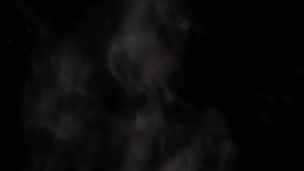 升起的模糊的白云的蒸汽 Icy浓雾的黑色背景 水滴在沸腾的锅上蒸发 浓密软雾的漩涡溶解在空气中 蒸锅换食物 — 图库视频影像