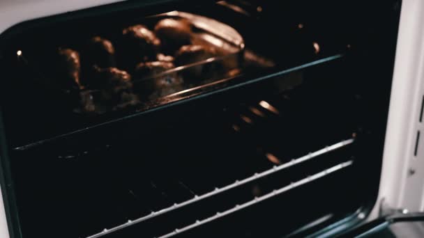 Eine Frau Holt Saftig Gebratene Hühnerkeulen Aus Dem Ofen Heißer — Stockvideo