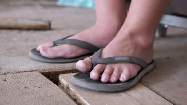 Poor Child Moving Dirty Bare Feet Wiggling Fingers Doing Relaxation — Vídeos de Stock