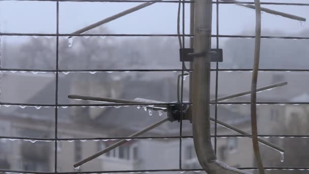 Eski Arkaplanındaki Televizyon Anteninin Izgarası Üzerine Donmuş Yağmur Damlaları Kapatın — Stok video
