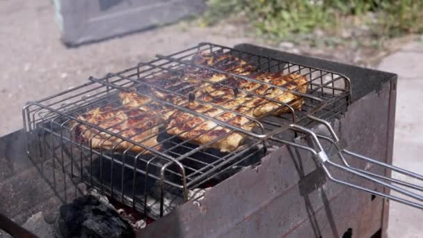 准备在烤架上的多汁肉 在阳光下的后院烧烤 油炸烤面包在篝火上 生锈的炉灶上有浓烟 院子里 — 图库视频影像