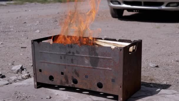 Chopped Firewood Burns Bright Flame Smoke Outdoors Wood Stove Blazing — Stock Video
