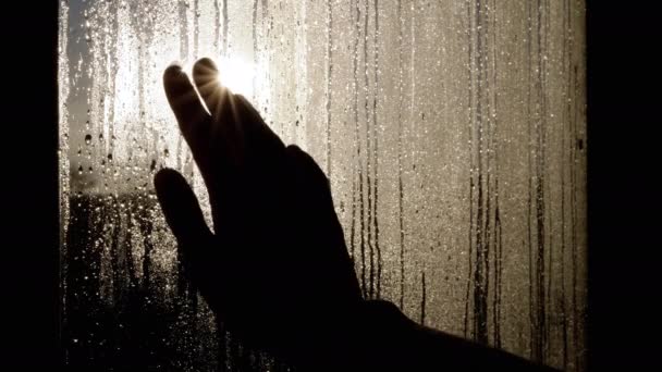 女性の手のシルエットは きらめくサングレアで霧のかかった湿った窓に触れます 太陽の光が指を通して輝きます 雨滴がガラスの下を走る 太陽光のために腕が届く 戦争孤独希望 — ストック動画