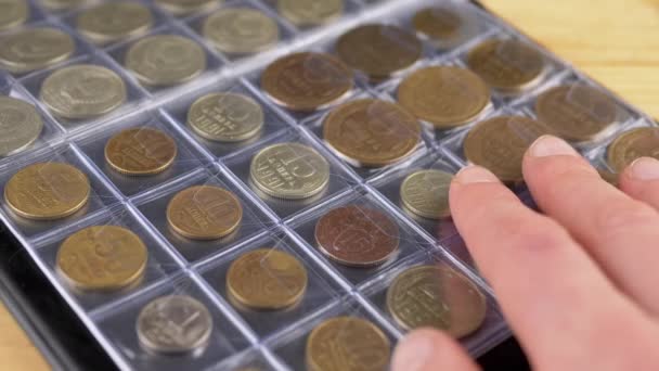 Hands Touching Pages Numismatic Album Old Soviet Ussr Coins Cerca — Vídeo de stock