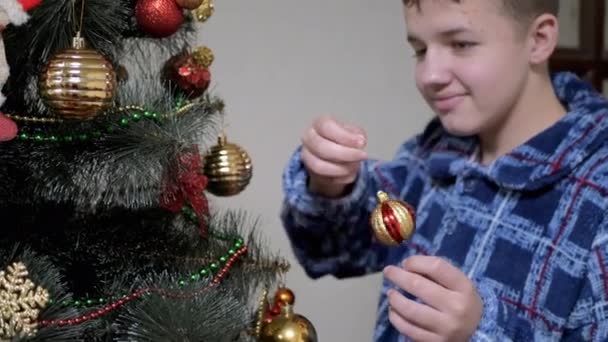Smiling Boy Hanging Nice Shiny Christmas Tree Toys Balls Christmas — Stock Video