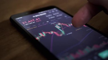 Tüccar, Online Smartphone 'da Bitcoin Fiyat Değişiklikleri Grafiği izliyor. Borsa, kripto para ticareti. Parmak ekrana dokunur. Mali göstergeler, kripto büyümesi, düşüş verileri. Forex çizelgesi.