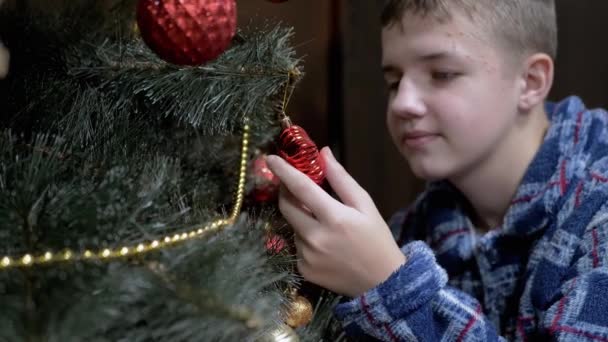 笑顔の男の子は クリスマスツリー上の素敵な光沢のあるぶら下がりクリスマスツリーおもちゃを調べます パジャマ姿の幸せな子供は 輝く赤いボールのおもちゃでクリスマスツリーを飾ります クリスマスの飾り 幸せな家族だ — ストック動画