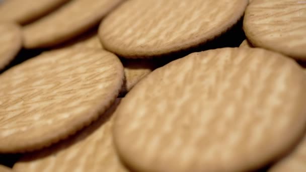 Close Crispy Shortbread Cookies Rotate Turntable Background Tasty Bunch Crackers — Stock Video