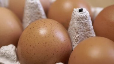 Yaklaş, Tahta bir arka planda karton tepside taze tavuk yumurtası. Makro. Yumurta tepsisinde, kahverengi kabuklu çiğ yumurta. Doku. Seçici odaklanma. Üst Manzara. Görüldü. Işık. Organik ürün.