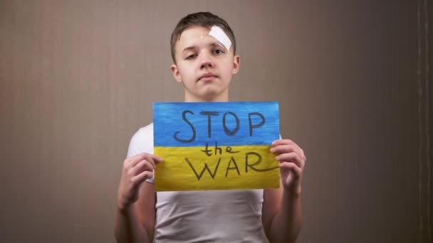 Boy Holding Poster Ukrainian Flag Inscription Stop War Dalam Bahasa — Stok Video