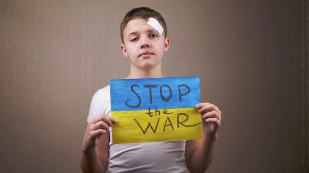 Ukrayna Bayrağının Yazıtlı Posterini Tutan Çocuk Savaşı Durdurun Gözlerinde Yaşlarla — Stok video