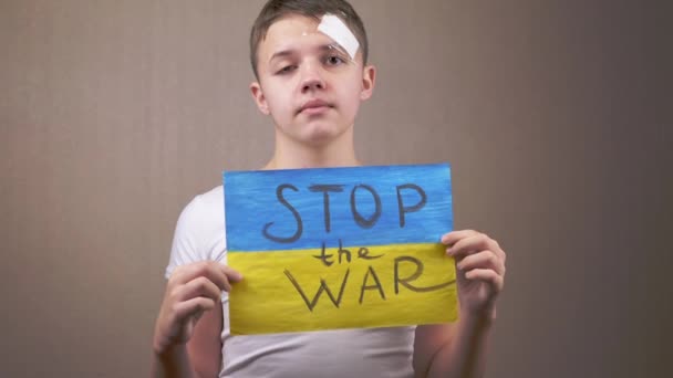 Pojke Som Håller Affisch Med Ukrainsk Flagga Med Inskription Stoppar — Stockvideo
