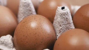 Yaklaş, Tahta bir arka planda karton tepside taze tavuk yumurtası. Makro. Yumurta tepsisinde, kahverengi kabuklu çiğ yumurta. Doku. Seçici odaklanma. Üst Manzara. Görüldü. Işık. Organik ürün.