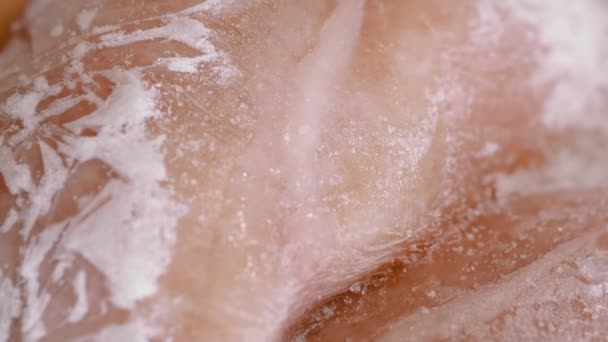 Large Piece Frozen Meat Covered Ice Crust Rotating Background Close — Stock Video