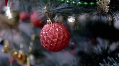 Kırmızı Parlak Noel Ağaç Balosu Spruce dalında bulanık bir arka planda asılı. Kapatın. Döndürme. Noel ağacı süslemesi, top. Noel süsü. Olumlu duygular. Mutlu yıllar..