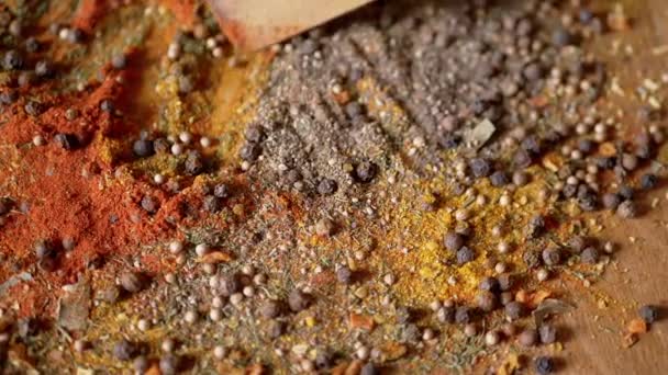 Amestecarea Condimentelor Indiene Spatulă Din Lemn Fundal Filare Colorat Aproape — Videoclip de stoc