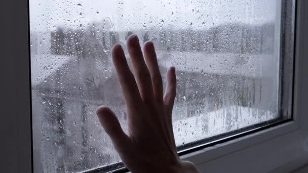 Woman Touches Wet Misted Window Hand Fingers Slide Wet Glass — Stock Video