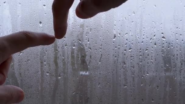 Woman Hands Drawing Fingers Two Hearts Wet Misted Window Symbole — Video