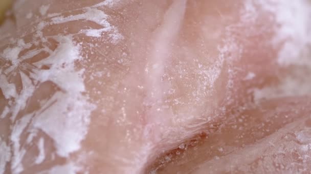 Stor Bit Fryst Kött Täckt Med Isskorpa Roterande Bakgrund Närbild — Stockvideo