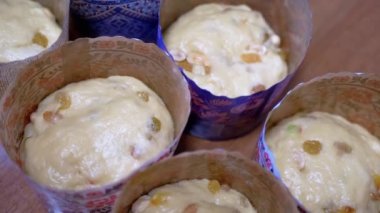 Paskalya Pastası İçin Kuru Üzümlü Maya Hamuru Kağıt Fırınlama Tabağında. Fındıklı taze tatlı hamurlar, kuru üzümler, pişirmek için hazırlanmış hamur. Bir sürü çiğ Paskalya pastası. Ekmek, hamur işi, çörek.