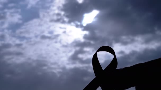 Silueta Manos Femeninas Muestra Una Cinta Rosa Sobre Fondo Nubes — Vídeo de stock